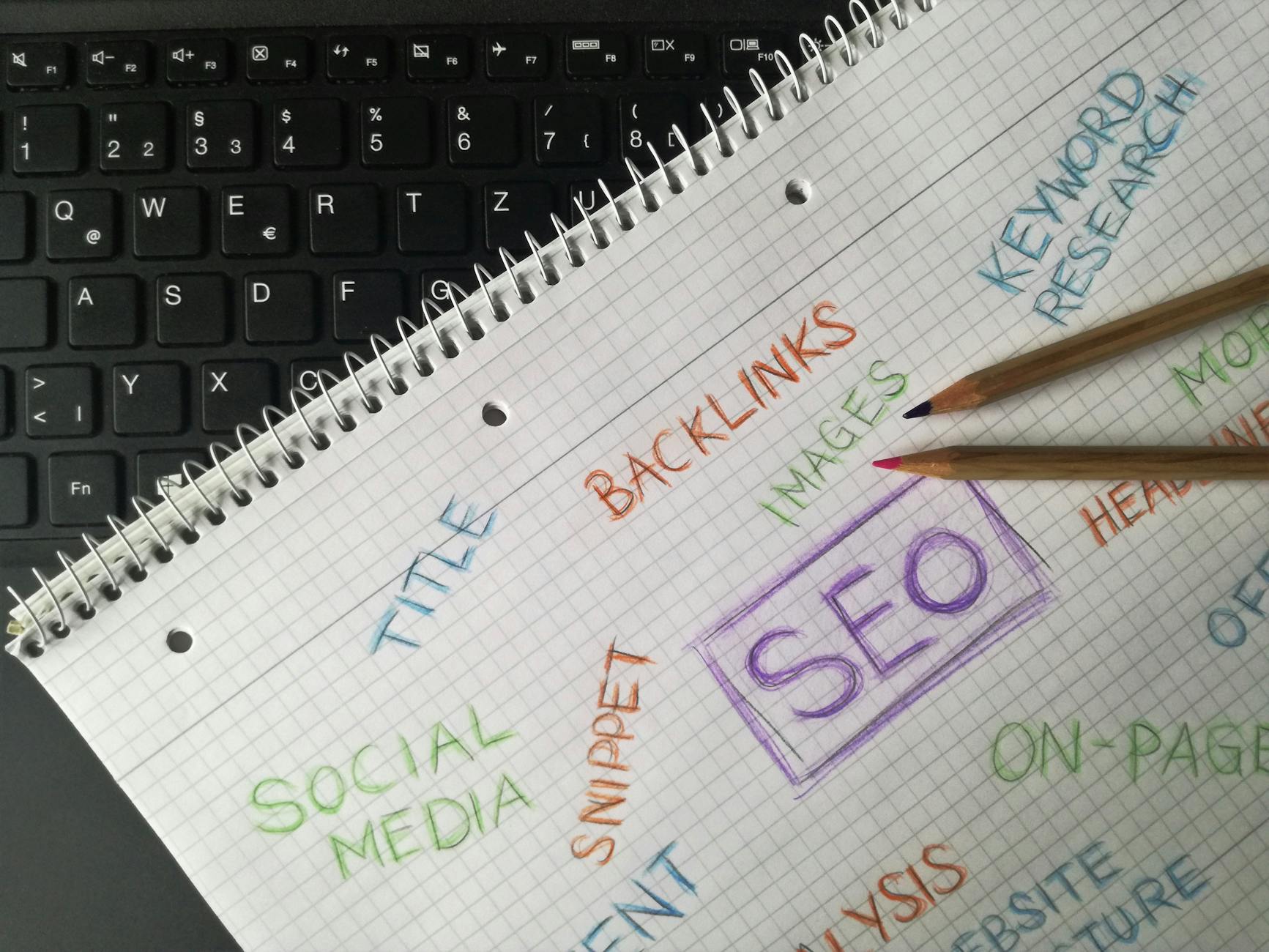 optimasi content SEO - Close-up of notebook with SEO terms and keywords, highlighting digital marketing strategy.