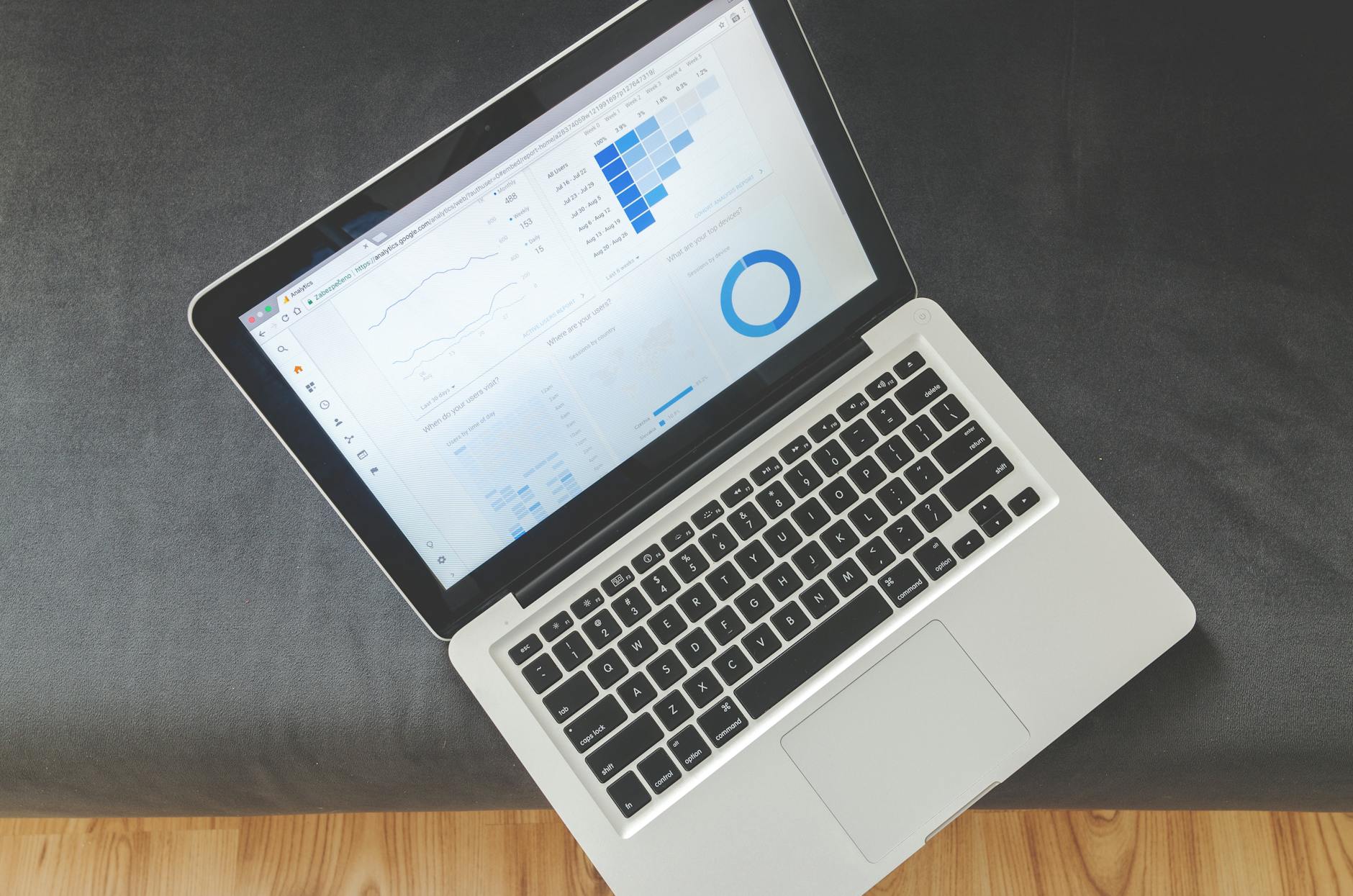 Off Page Seo - Overhead view of a laptop showing data visualizations and charts on its screen.