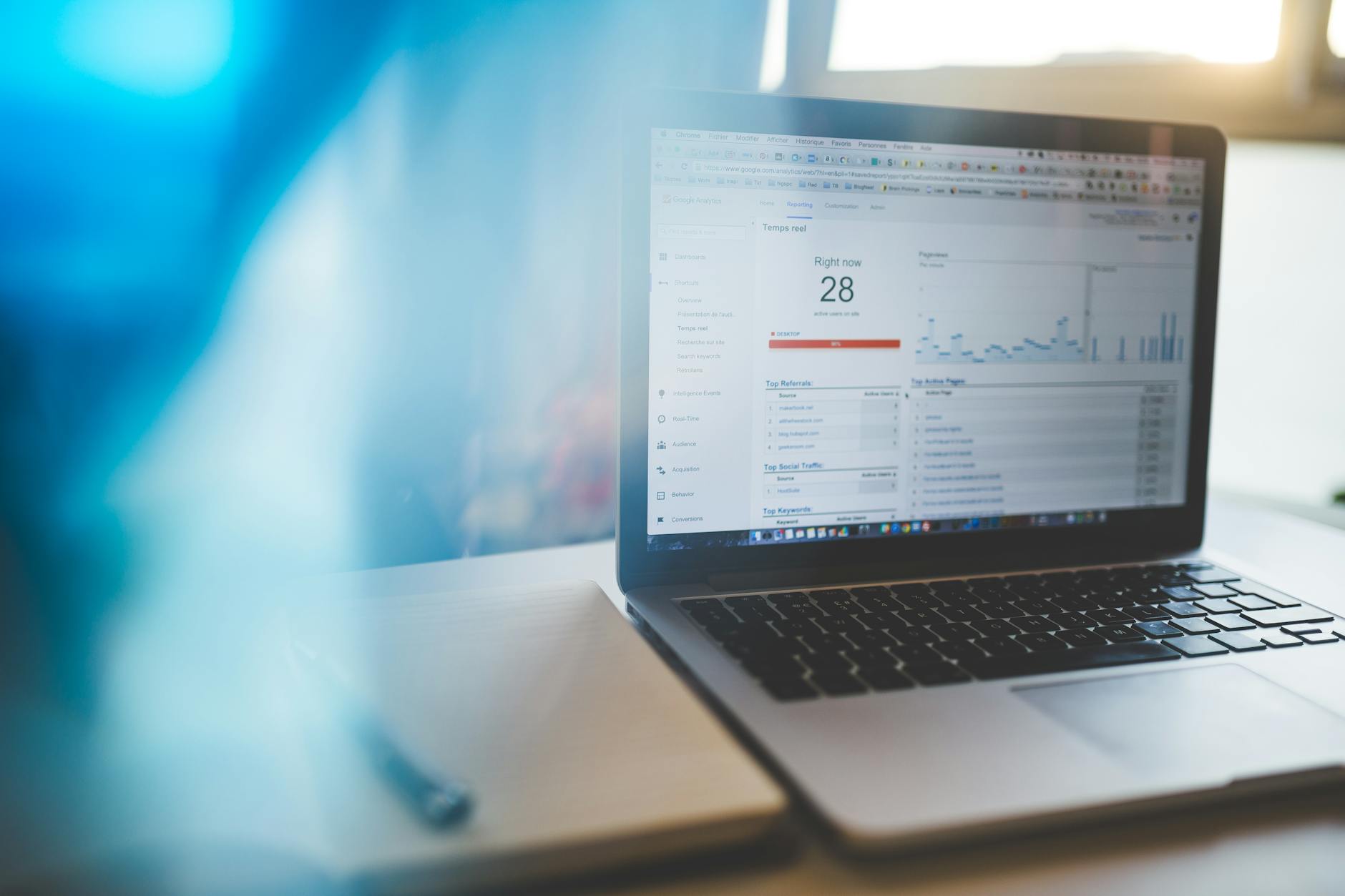 strategi adaptif SEO pasca Core Update Maret 2026 - Laptop displaying Google Analytics in a modern workspace, highlighting digital analytics and technology.